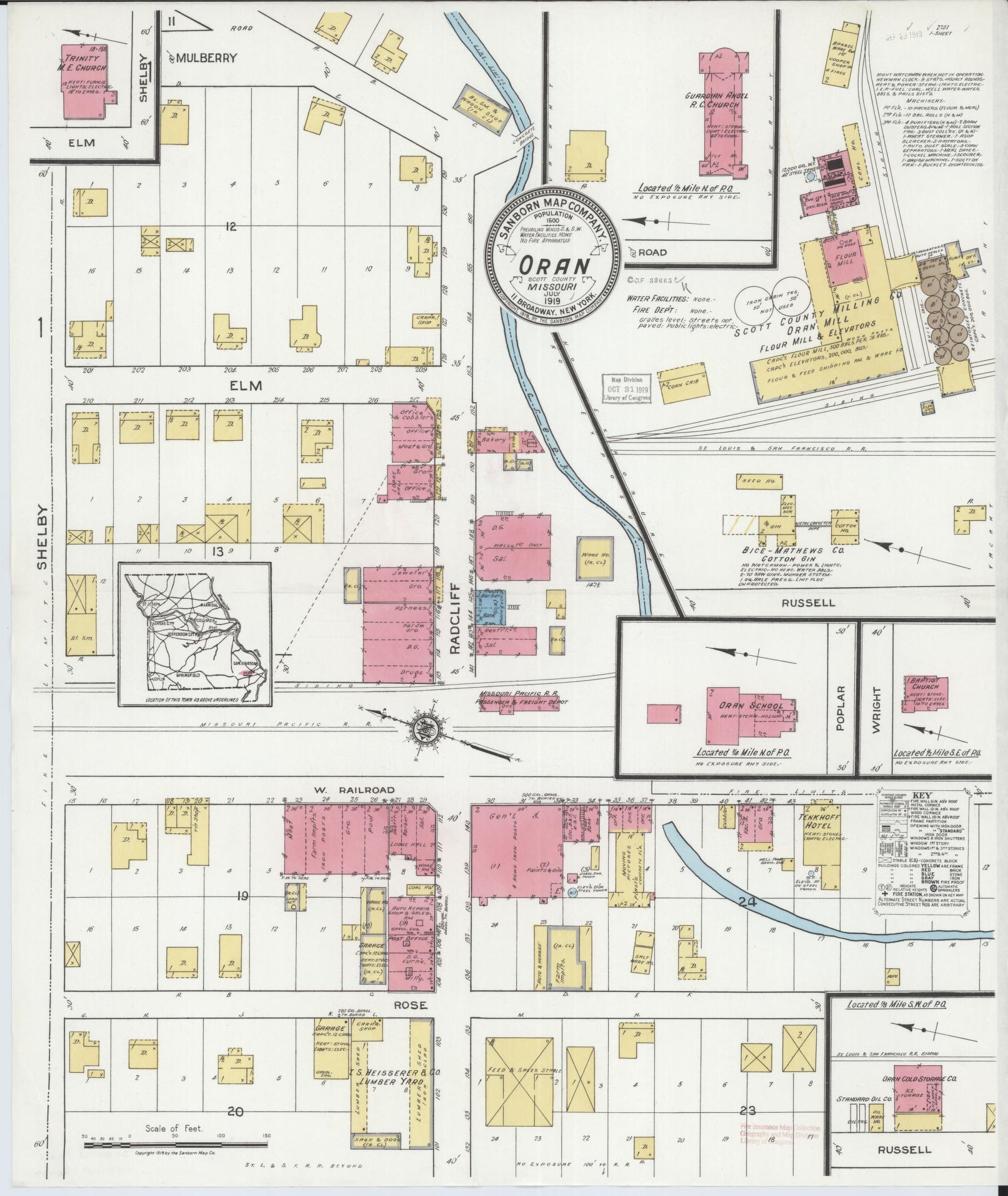 Sanborn Fire Insurance Map from Oran, Scott County, Missouri (1919), Sheet #0001 - Complete Map Set gallery image, historic Sanborn map, vintage wall art, Missouri Missouri