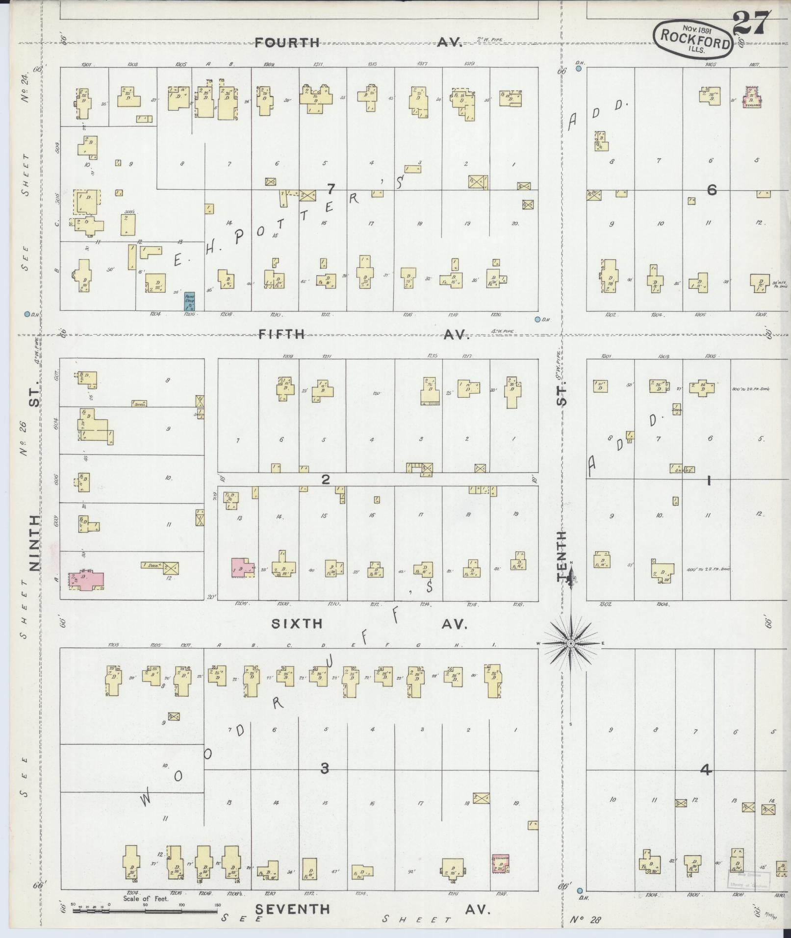 Sanborn Fire Insurance Map from Rockford, Winnebago County, Illinois (1891), Sheet #0027 - Complete Map Set gallery image, historic Sanborn map, vintage wall art, Illinois Illinois