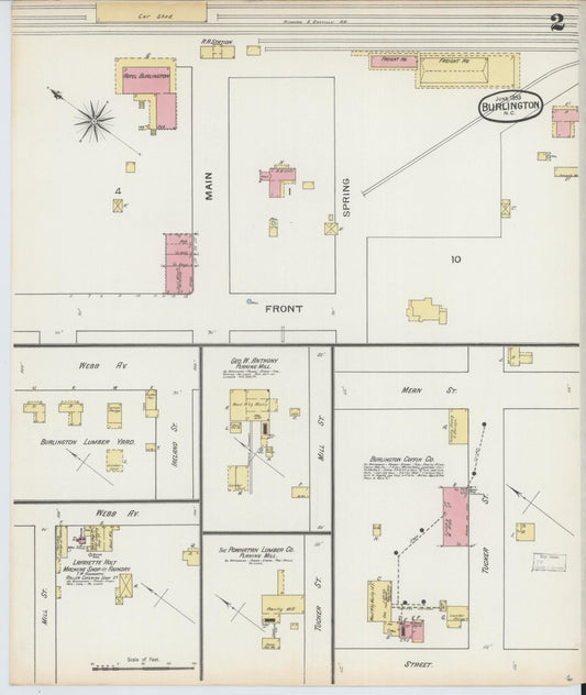 Sanborn Fire Insurance Map from Burlington, Alamance County, North Carolina (1893), Sheet #0002 - Historic Sanborn Fire Insurance Map Print, vintage old map wall art, antique decor, genealogy gift, North Carolina North Carolina map