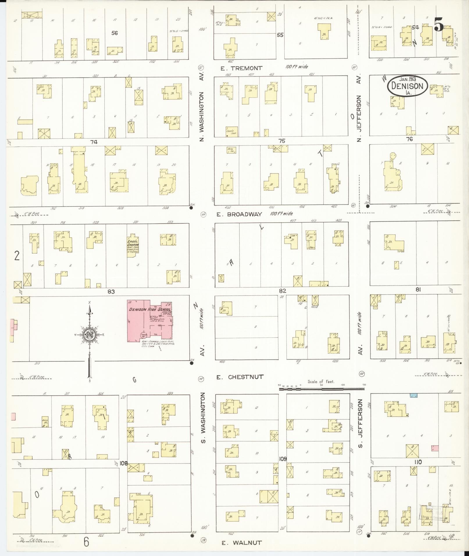 Sanborn Fire Insurance Map from Denison, Crawford County, Iowa (1913), Sheet #0005 - Historic Sanborn Fire Insurance Map Print, vintage old map wall art