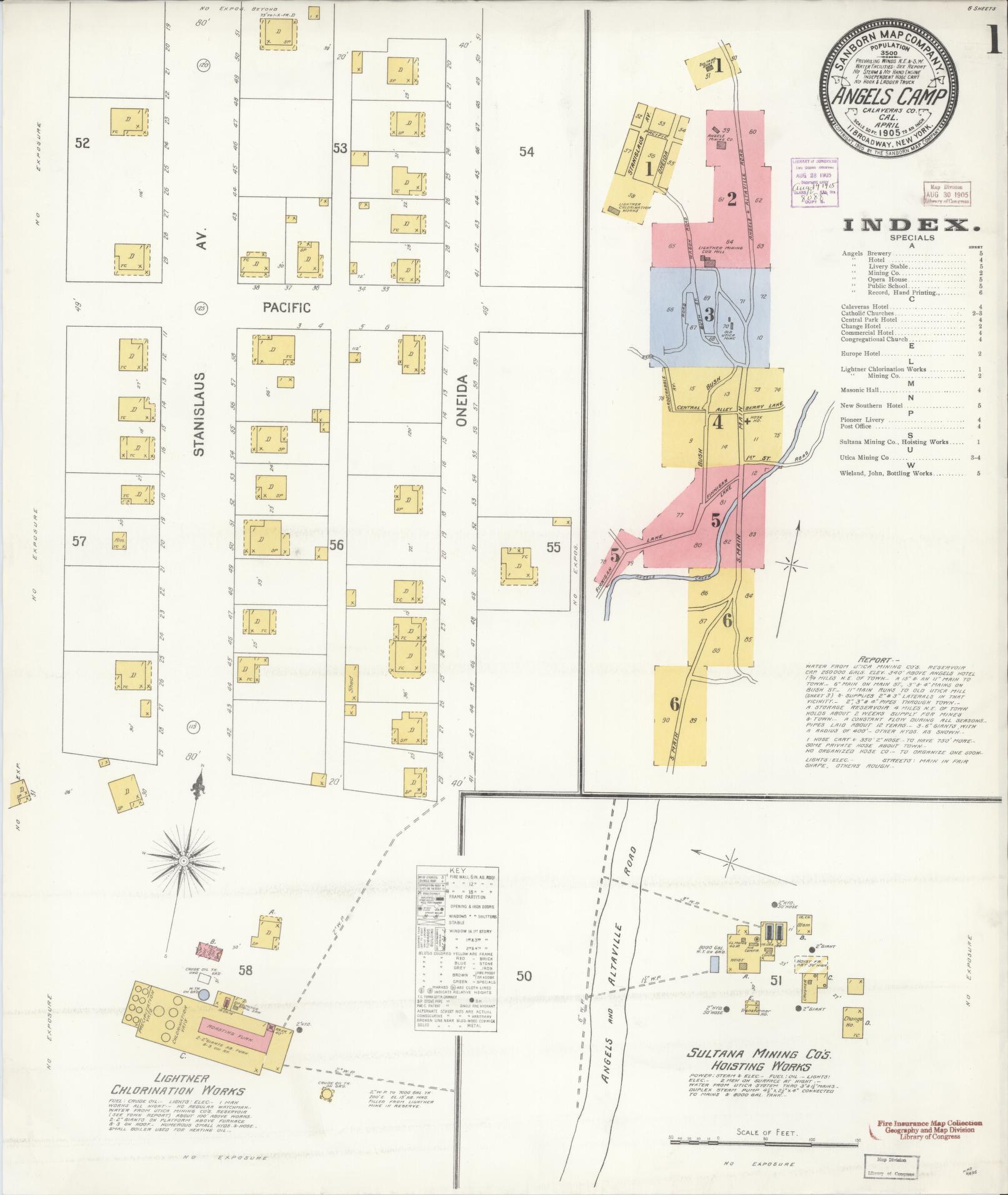 Sanborn Fire Insurance Map from Angels Camp, Calaveras County, California (1905), Sheet #0001 - Historic Sanborn Fire Insurance Map Print, vintage old map wall art, antique decor, genealogy gift, California California map