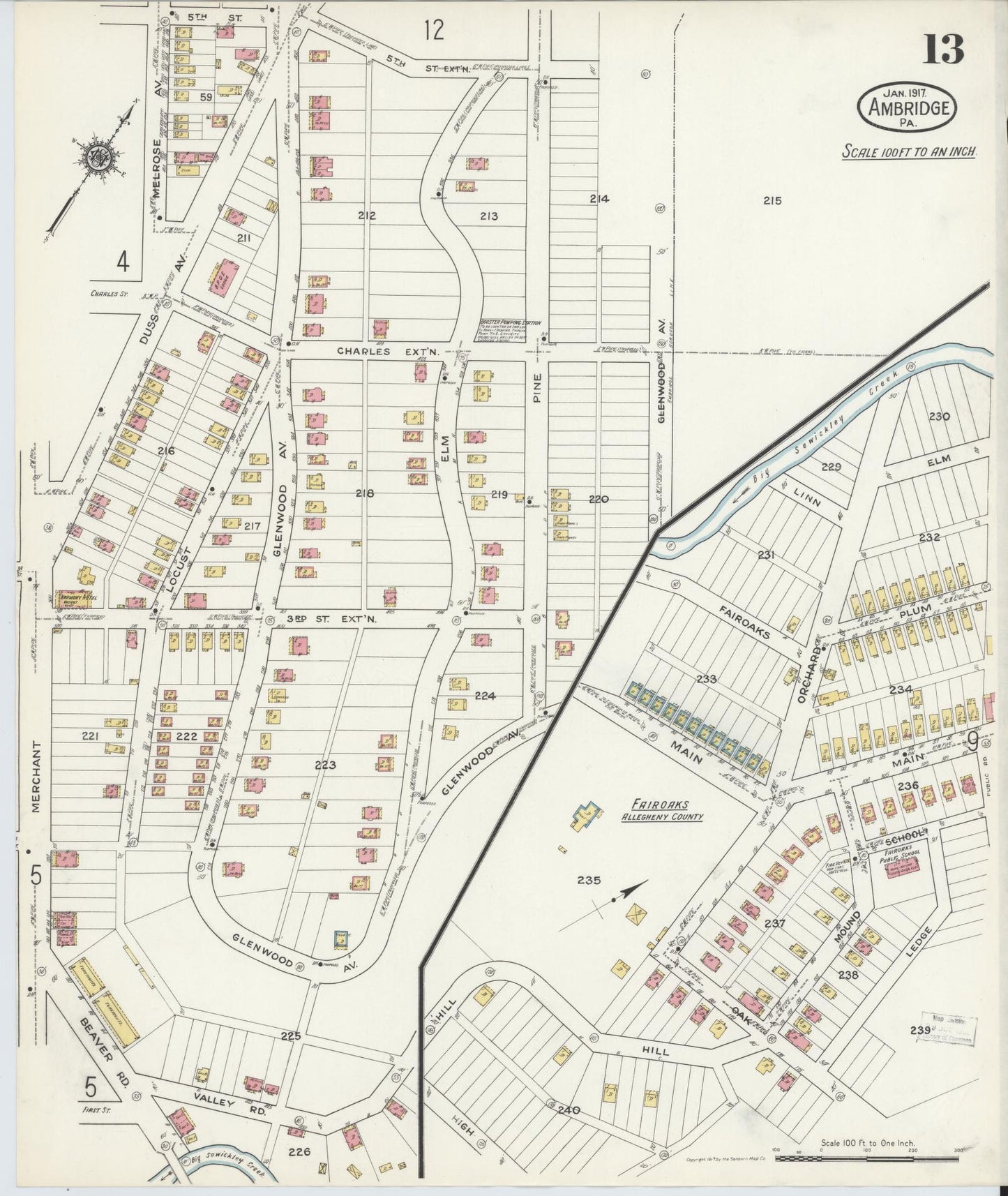 Sanborn Fire Insurance Map from Ambridge, Beaver County, Pennsylvania (1917), Sheet #0013 - Historic Sanborn Fire Insurance Map Print, vintage old map wall art, antique decor, genealogy gift, Pennsylvania Pennsylvania map