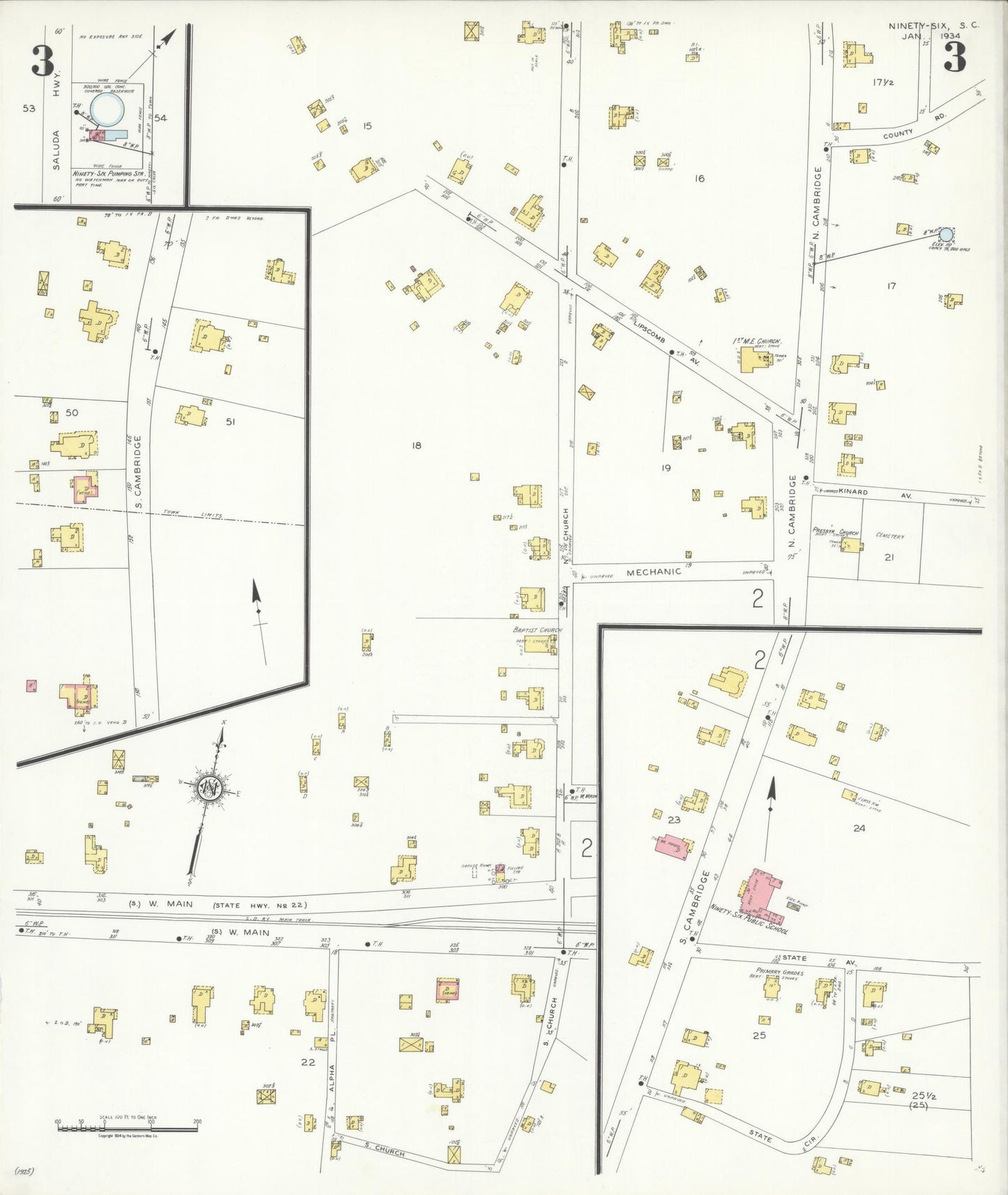 Sanborn Fire Insurance Map from Ninety Six, Greenwood County, South Carolina (1934), Sheet #0003 - Historic Sanborn Fire Insurance Map Print, vintage old map wall art, antique decor, genealogy gift, South Carolina South Carolina map