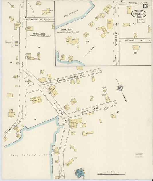 Sanborn Fire Insurance Map from Branford, New Haven County, Connecticut (1914), Sheet #0013 - Historic Sanborn Fire Insurance Map Print, vintage old map wall art, antique decor, genealogy gift, Connecticut Connecticut map