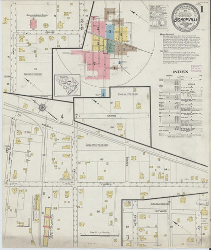 Sanborn Fire Insurance Map from Bishopville, Lee County, South Carolina (1916), Sheet #0001 - Complete Map Set gallery image, historic Sanborn map, vintage wall art, South Carolina South Carolina