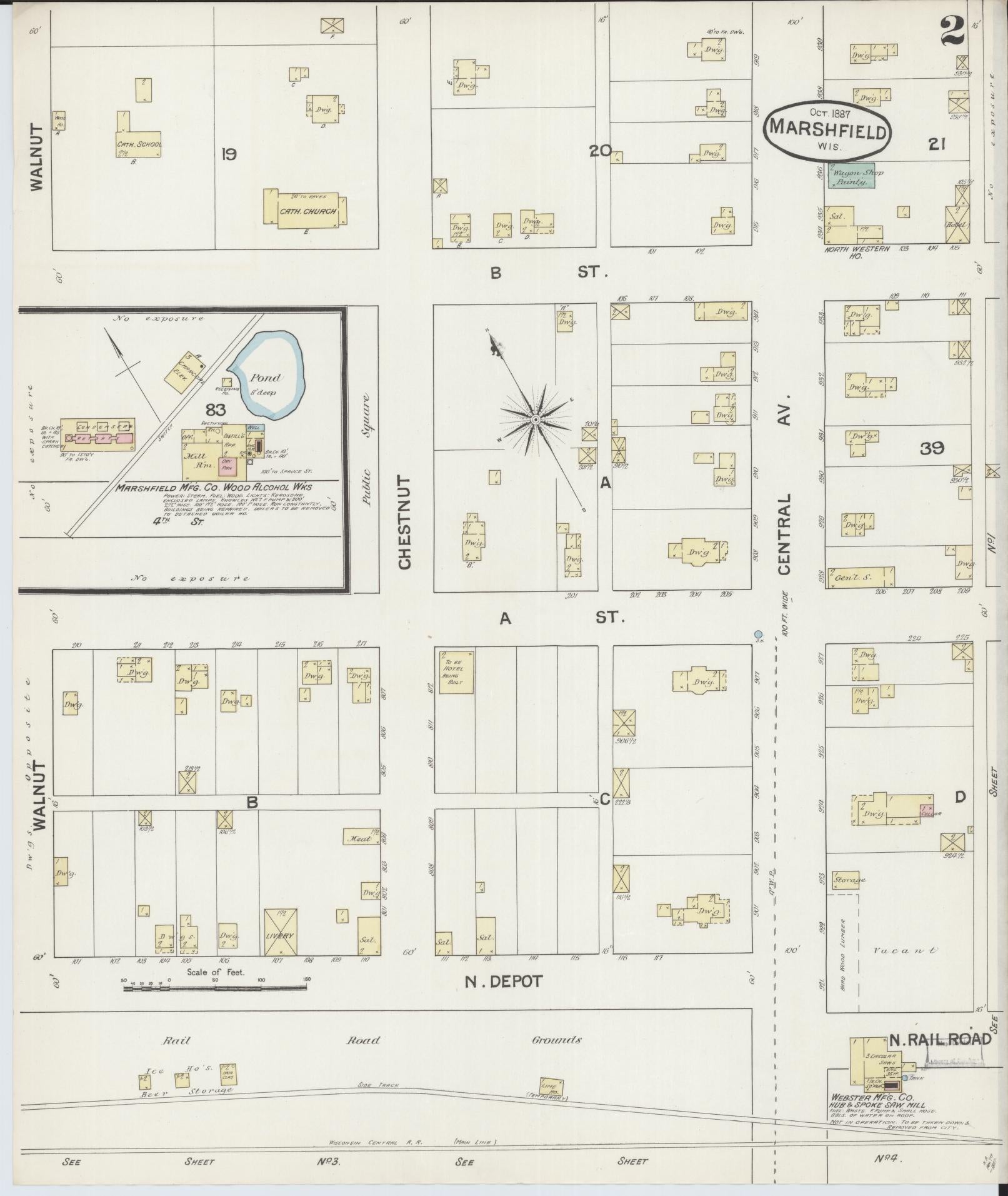 Sanborn Fire Insurance Map from Marshfield, Wood County, Wisconsin (1887), Sheet #0002 - Historic Sanborn Fire Insurance Map Print, vintage old map wall art, antique decor, genealogy gift, Wisconsin Wisconsin map