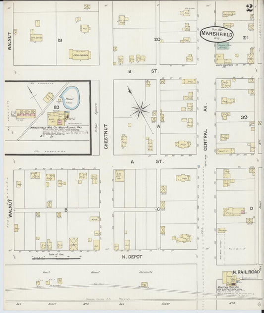 Sanborn Fire Insurance Map from Marshfield, Wood County, Wisconsin (1887), Sheet #0002 - Historic Sanborn Fire Insurance Map Print, vintage old map wall art, antique decor, genealogy gift, Wisconsin Wisconsin map