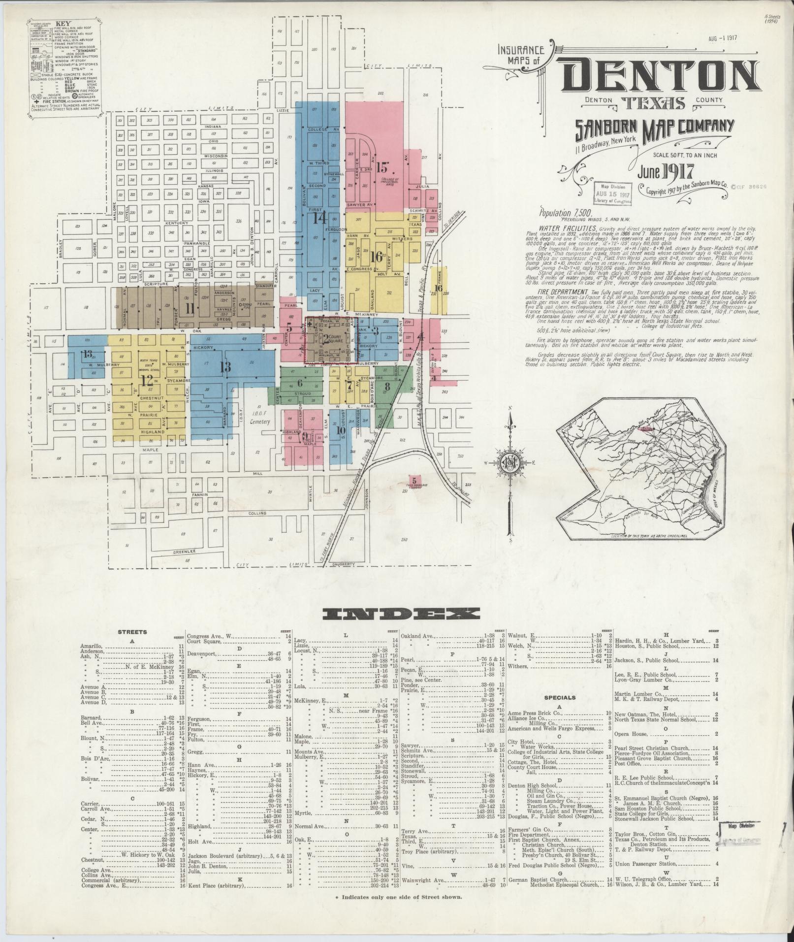 Sanborn Fire Insurance Map from Denton, Denton County, Texas. (1917) – Historic Sanborn Fire Insurance Map Print