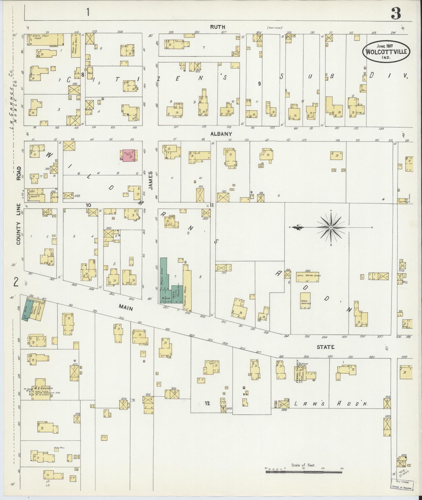 Sanborn Fire Insurance Map from Wolcottville, Noble And LaGrange Counties, Indiana (1907), Sheet #0003 - Historic Sanborn Fire Insurance Map Print, vintage old map wall art, antique decor, genealogy gift, Indiana Indiana map