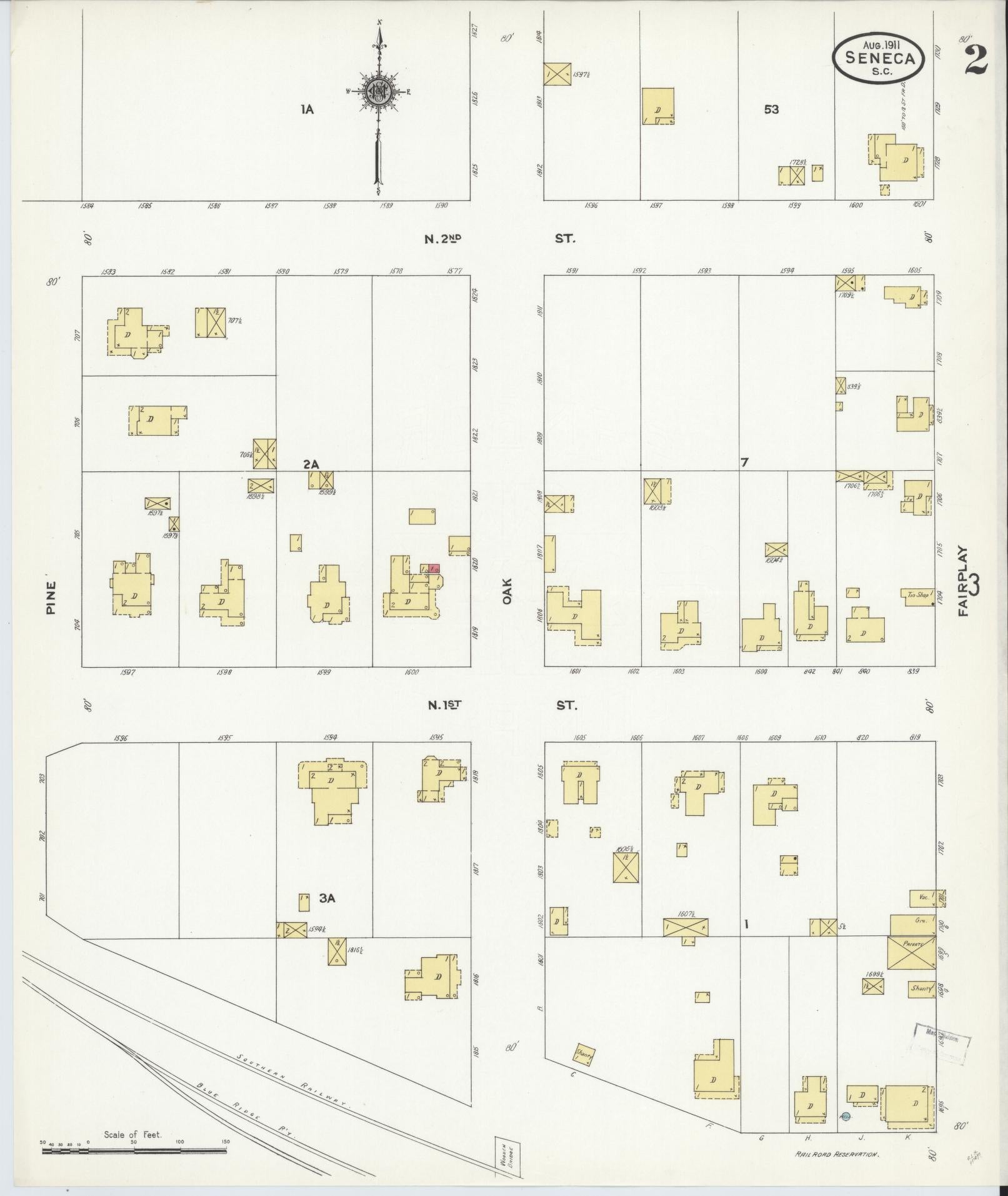 Sanborn Fire Insurance Map from Seneca, Oconee County, South Carolina (1911), Sheet #0002 - Historic Sanborn Fire Insurance Map Print, vintage old map wall art, antique decor, genealogy gift, South Carolina South Carolina map