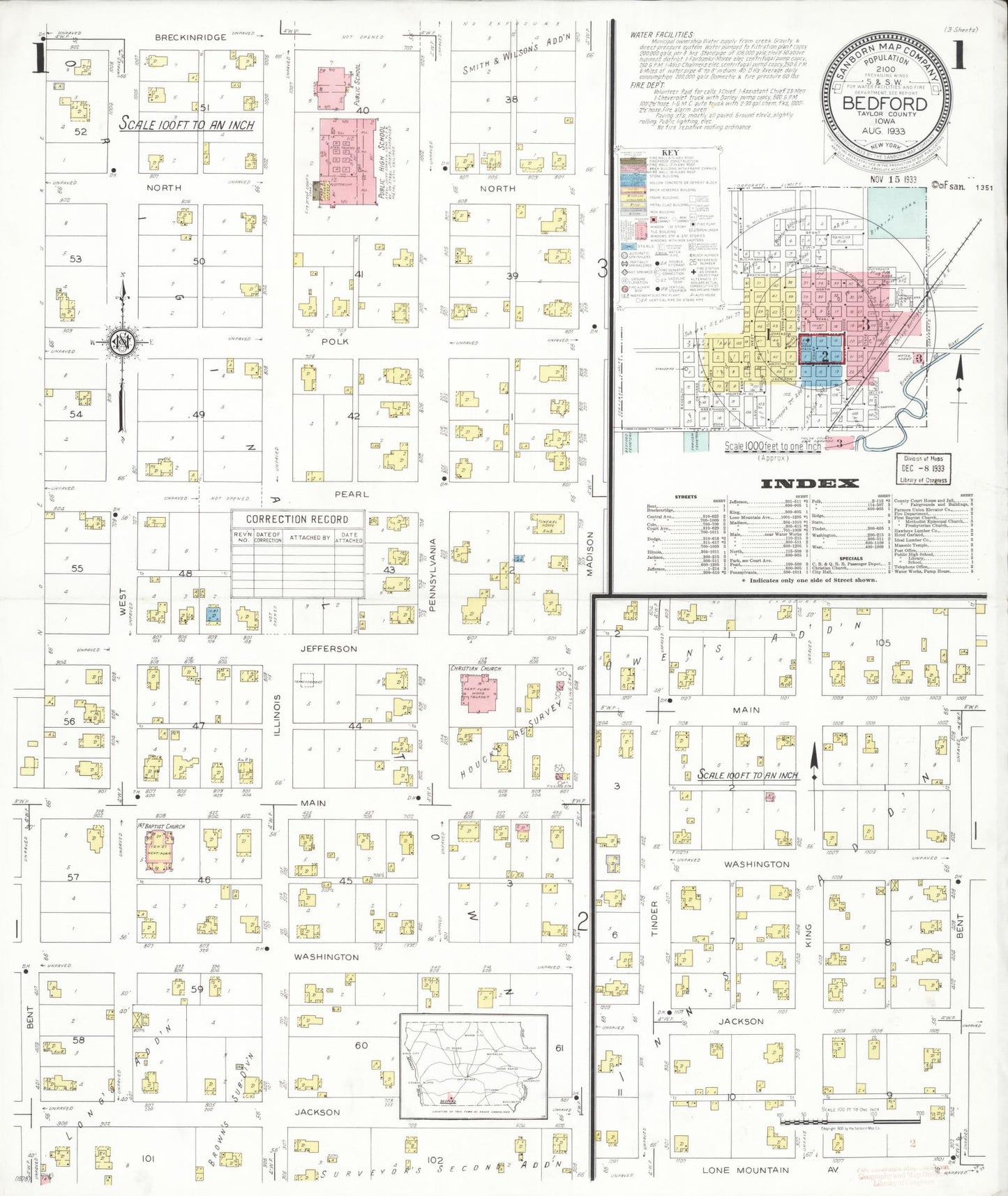 Sanborn Fire Insurance Map from Bedford, Taylor County, Iowa (1933), Sheet #0001 - Historic Sanborn Fire Insurance Map Print, vintage old map wall art