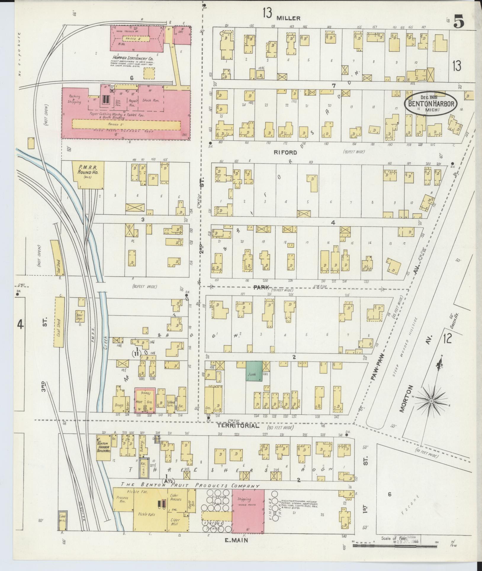 Sanborn Fire Insurance Map from Benton Harbor, Berrien County, Michigan (1905), Sheet #0005 - Historic Sanborn Fire Insurance Map Print, vintage old map wall art, antique decor, genealogy gift, Michigan Michigan map