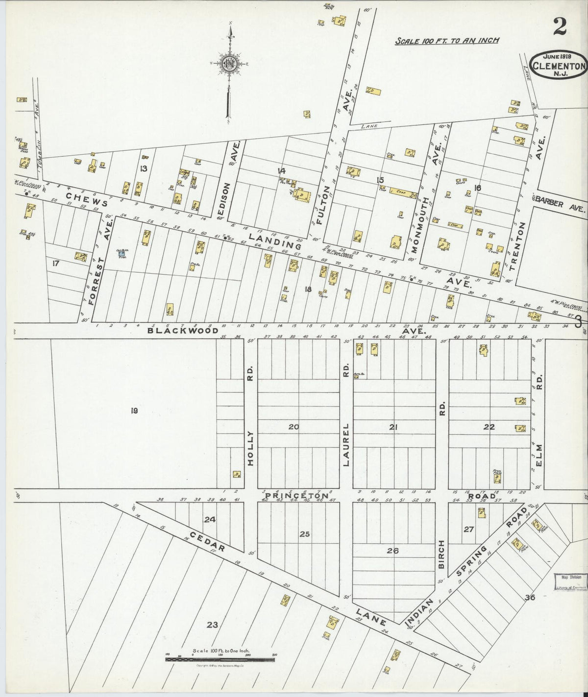 Sanborn Fire Insurance Map from Clementon, Camden County, New Jersey (1919), Sheet #0002 - Historic Sanborn Fire Insurance Map Print, vintage old map wall art, antique decor, genealogy gift, New Jersey New Jersey map