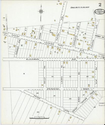 Sanborn Fire Insurance Map from Clementon, Camden County, New Jersey (1919), Sheet #0002 - Historic Sanborn Fire Insurance Map Print, vintage old map wall art, antique decor, genealogy gift, New Jersey New Jersey map