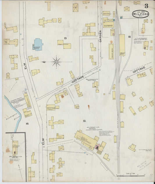 Sanborn Fire Insurance Map from Milford, Hillsborough County, New Hampshire (1892), Sheet #0003 - Historic Sanborn Fire Insurance Map Print, vintage old map wall art, antique decor, genealogy gift, New Hampshire New Hampshire map