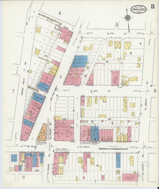 Sanborn Fire Insurance Map from Pawhuska, Osage County, Oklahoma (1916), Sheet #0008 - Historic Sanborn Fire Insurance Map Print, vintage old map wall art, antique decor, genealogy gift, Oklahoma Oklahoma map