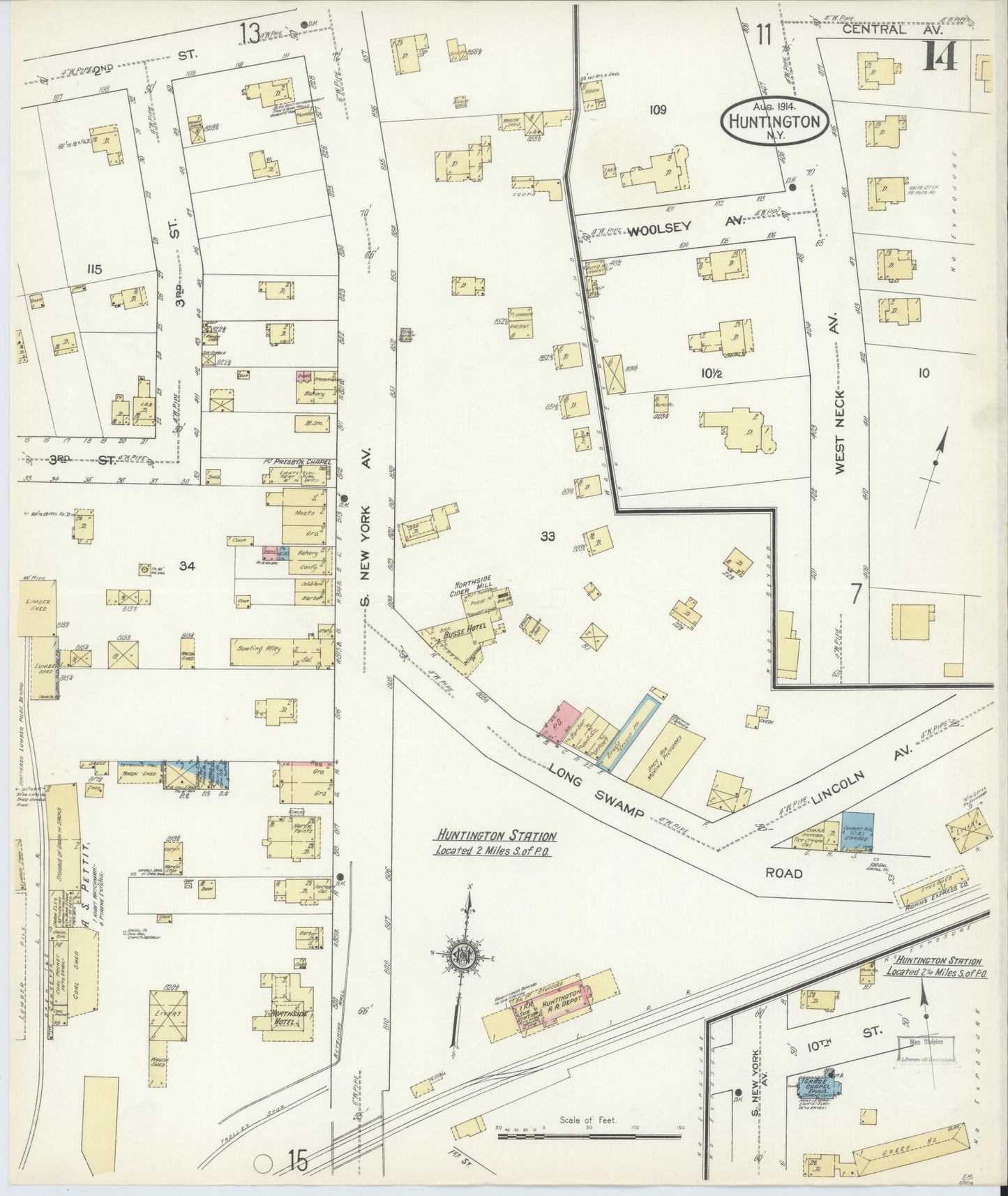 Sanborn Fire Insurance Map from Huntington, Suffolk County, New York (1914), Sheet #0014 - Historic Sanborn Fire Insurance Map Print, vintage old map wall art, antique decor, genealogy gift, New York New York map