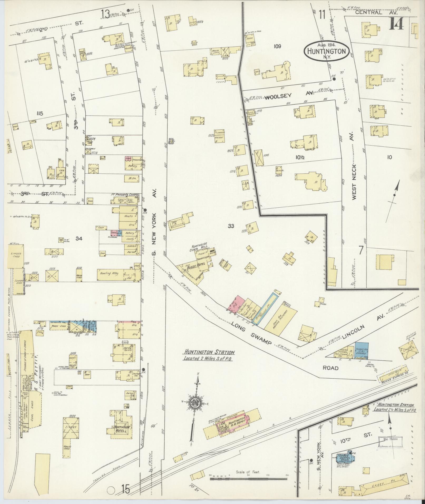 Sanborn Fire Insurance Map from Huntington, Suffolk County, New York (1914), Sheet #0014 - Historic Sanborn Fire Insurance Map Print, vintage old map wall art, antique decor, genealogy gift, New York New York map