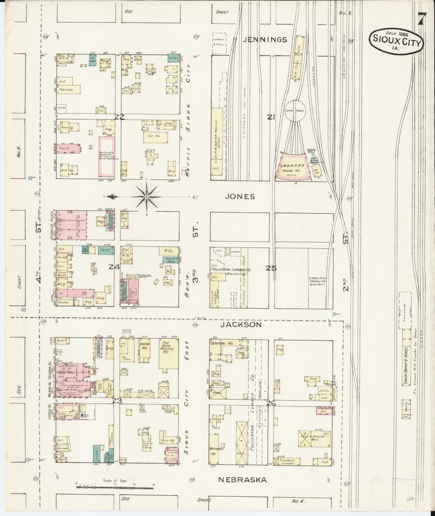 Sanborn Fire Insurance Map from Sioux City, Woodbury County, Iowa (1886), Sheet #0007 - Historic Sanborn Fire Insurance Map Print, vintage old map wall art