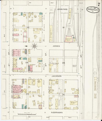 Sanborn Fire Insurance Map from Sioux City, Woodbury County, Iowa (1886), Sheet #0007 - Historic Sanborn Fire Insurance Map Print, vintage old map wall art