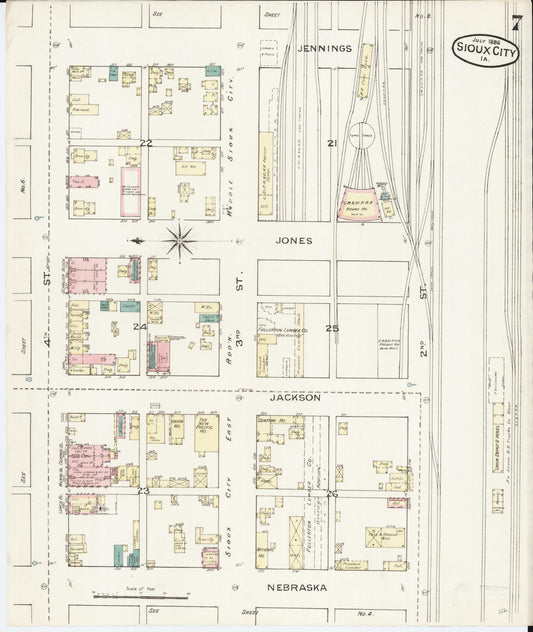 Sanborn Fire Insurance Map from Sioux City, Woodbury County, Iowa (1886), Sheet #0007 - Historic Sanborn Fire Insurance Map Print, vintage old map wall art