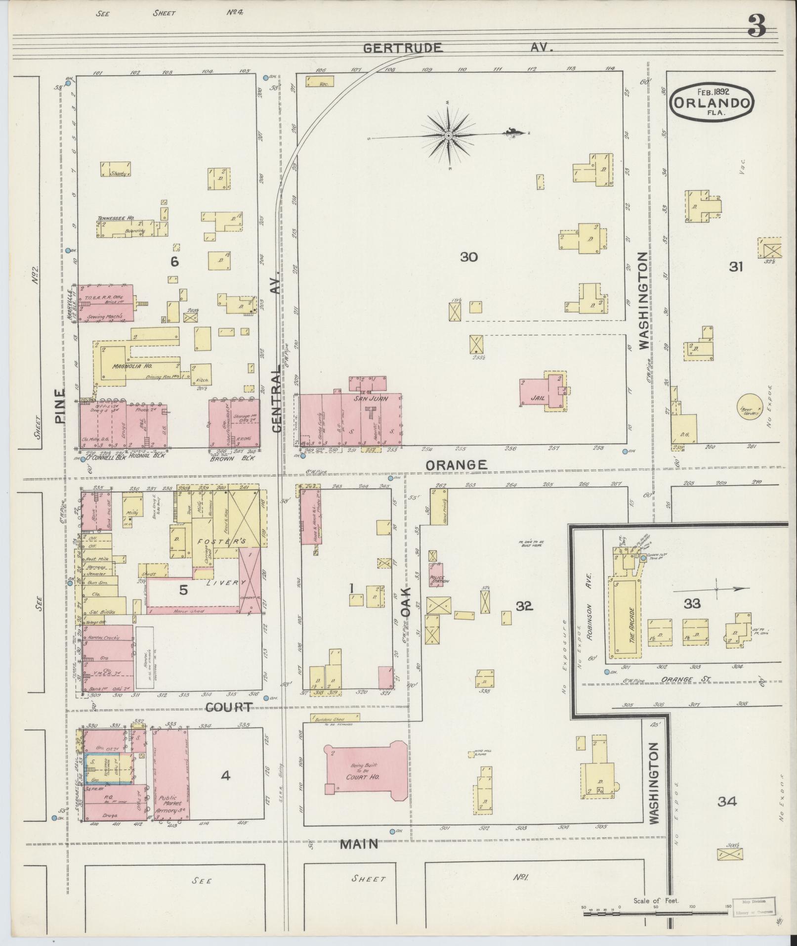 Sanborn Fire Insurance Map from Orlando, Orange County, Florida (1892), Sheet #0003 - Complete Map Set gallery image, historic Sanborn map, vintage wall art, Florida Florida