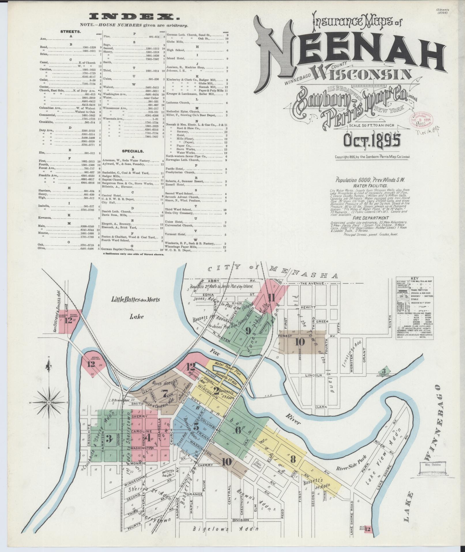 Sanborn Fire Insurance Map from Neenah, Winnebago County, Wisconsin (1895), Sheet #0001 - Complete Map Set gallery image, historic Sanborn map, vintage wall art, Wisconsin Wisconsin