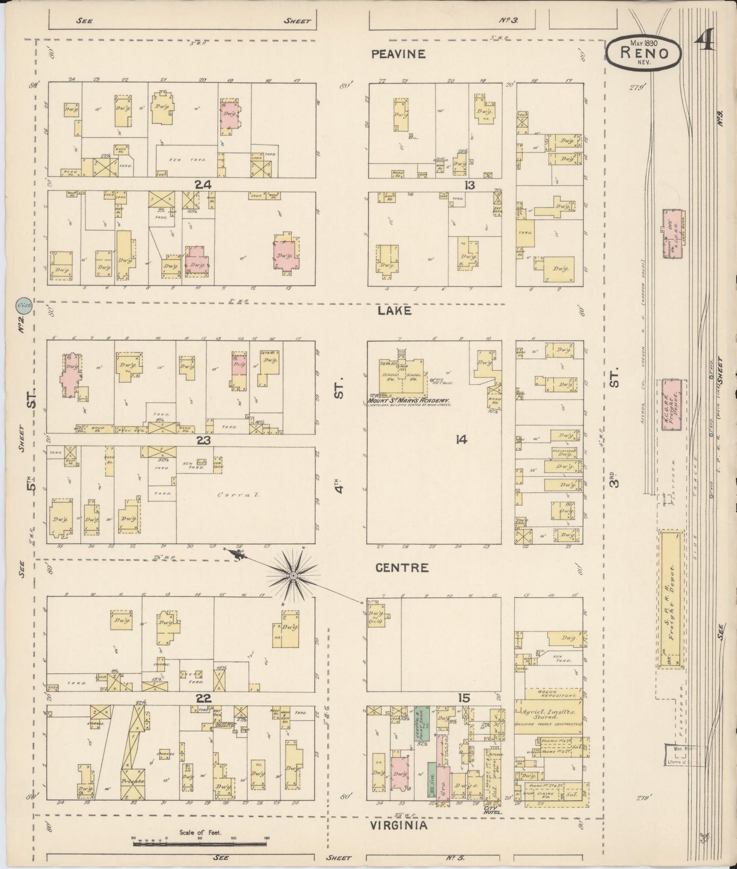 Sanborn Fire Insurance Map from Reno, Washoe County, Nevada (1890), Sheet #0004 - Historic Sanborn Fire Insurance Map Print, vintage old map wall art, antique decor, genealogy gift, Nevada Nevada map