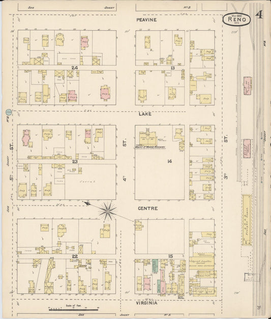 Sanborn Fire Insurance Map from Reno, Washoe County, Nevada (1890), Sheet #0004 - Historic Sanborn Fire Insurance Map Print, vintage old map wall art, antique decor, genealogy gift, Nevada Nevada map