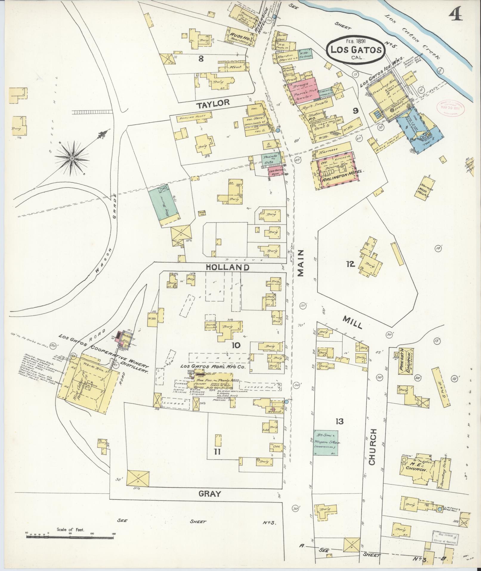 Sanborn Fire Insurance Map from Los Gatos, Santa Clara County, California (1891), Sheet #0004 - Historic Sanborn Fire Insurance Map Print, vintage old map wall art, antique decor, genealogy gift, California California map