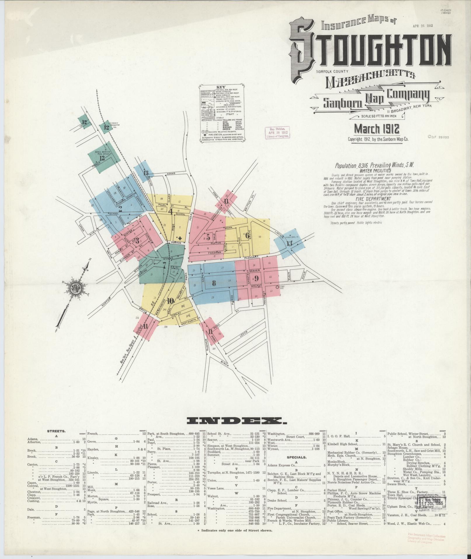 Sanborn Fire Insurance Map from Stoughton, Norfolk County, Massachusetts (1912), Sheet #0001 - Historic Sanborn Fire Insurance Map Print, vintage old map wall art, antique decor, genealogy gift, Massachusetts Massachusetts map