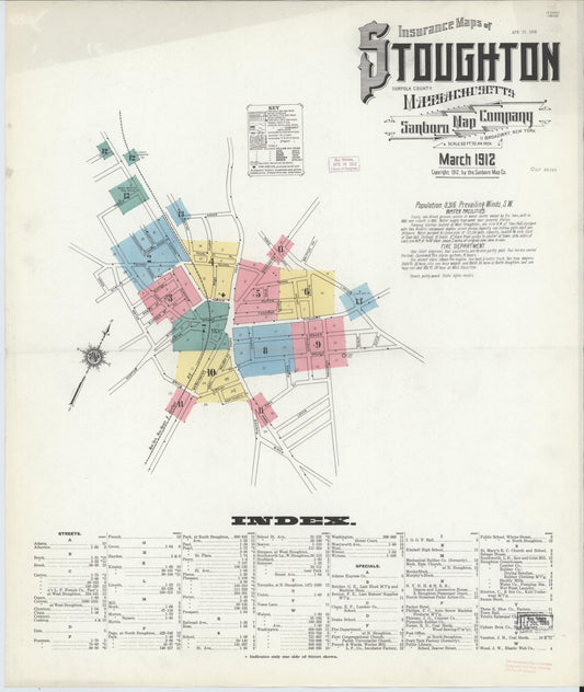 Sanborn Fire Insurance Map from Stoughton, Norfolk County, Massachusetts (1912), Sheet #0001 - Historic Sanborn Fire Insurance Map Print, vintage old map wall art, antique decor, genealogy gift, Massachusetts Massachusetts map