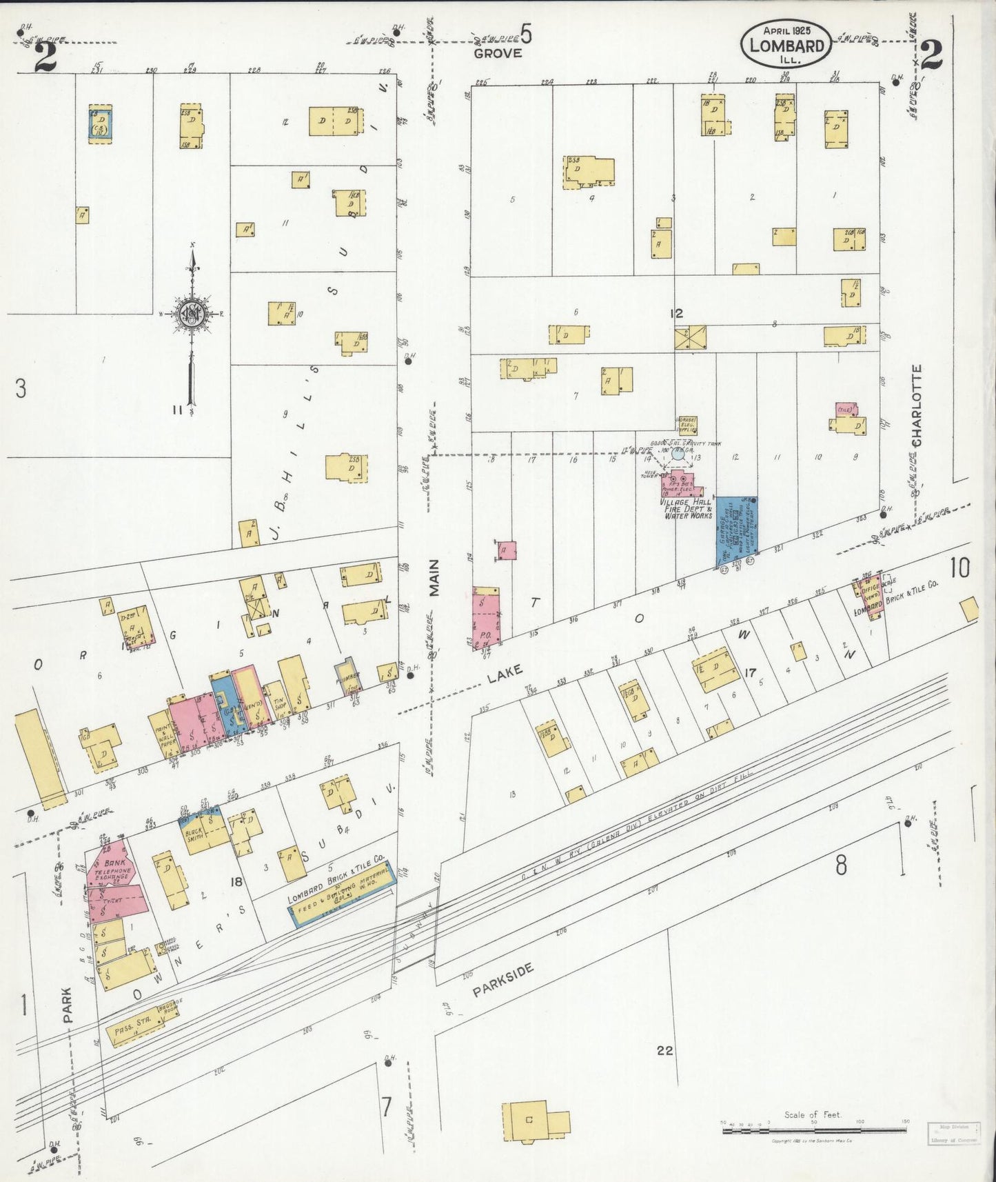 Sanborn Fire Insurance Map from Lombard, Du Page County, Illinois (1925), Sheet #0002 - Historic Sanborn Fire Insurance Map Print, vintage old map wall art, antique decor, genealogy gift, Illinois Illinois map
