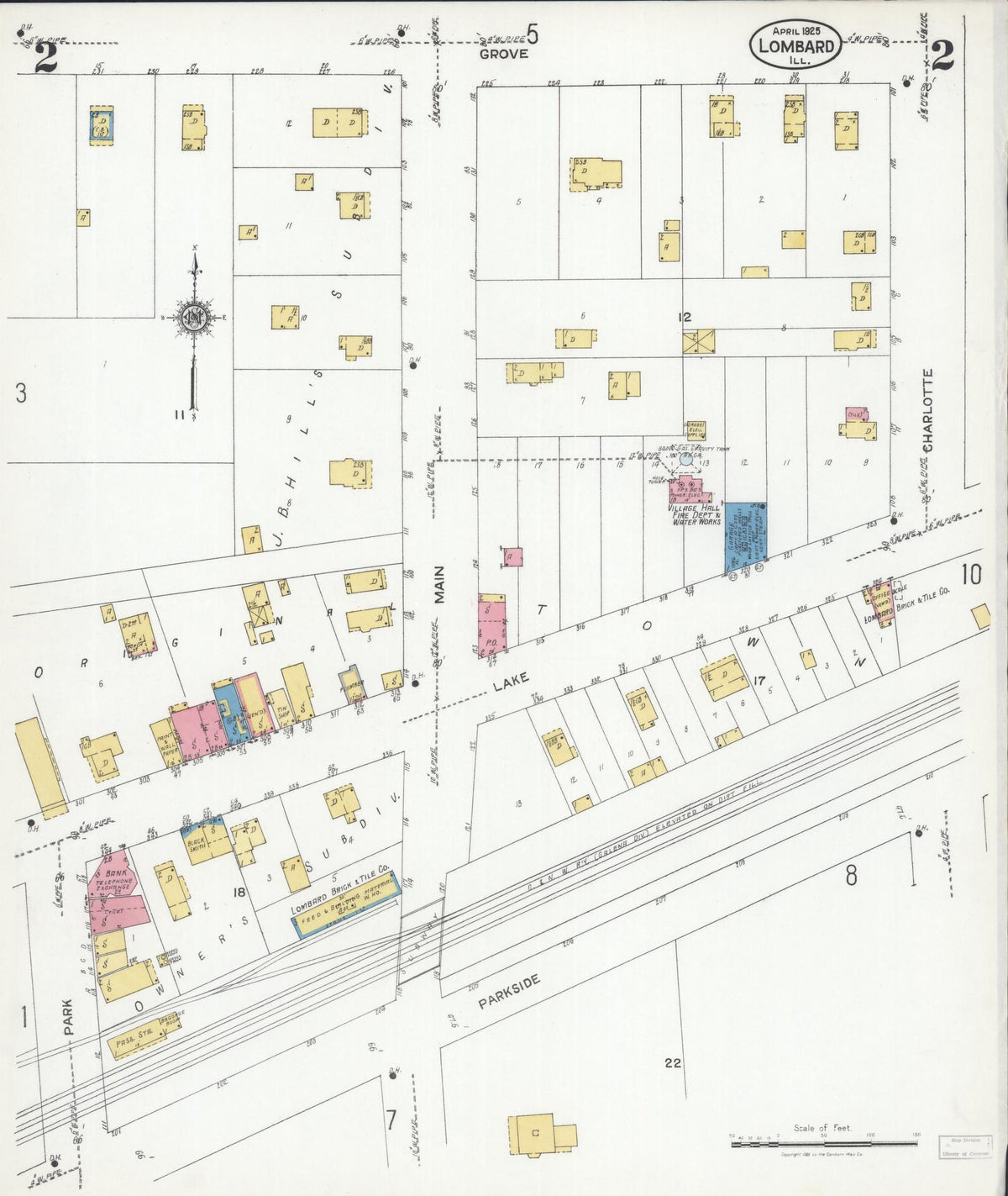 Sanborn Fire Insurance Map from Lombard, Du Page County, Illinois (1925), Sheet #0002 - Historic Sanborn Fire Insurance Map Print, vintage old map wall art, antique decor, genealogy gift, Illinois Illinois map