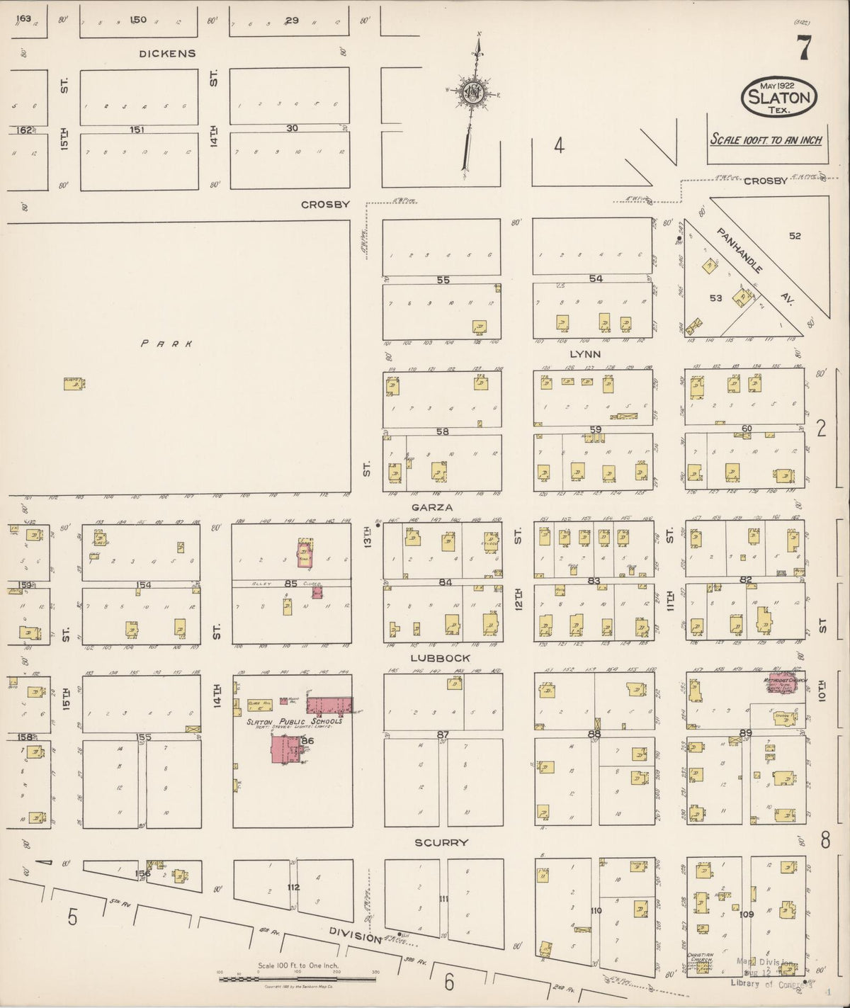 Sanborn Fire Insurance Map from Slaton, Lubbock County, Texas (1922), Sheet #0007 - Historic Sanborn Fire Insurance Map Print, vintage old map wall art, antique decor, genealogy gift, Texas Texas map