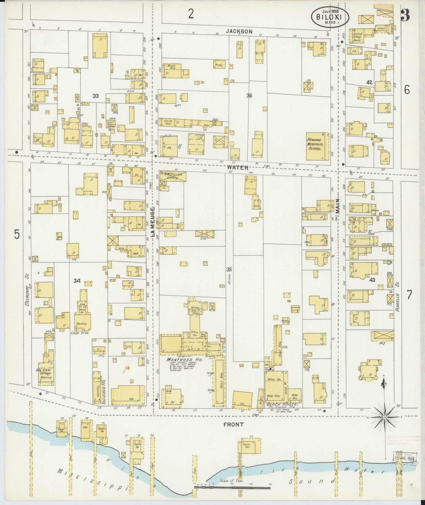 Sanborn Fire Insurance Map from Biloxi, Harrison County, Mississippi (1898), Sheet #0003 - Historic Sanborn Fire Insurance Map Print, vintage old map wall art, antique decor, genealogy gift, Mississippi Mississippi map