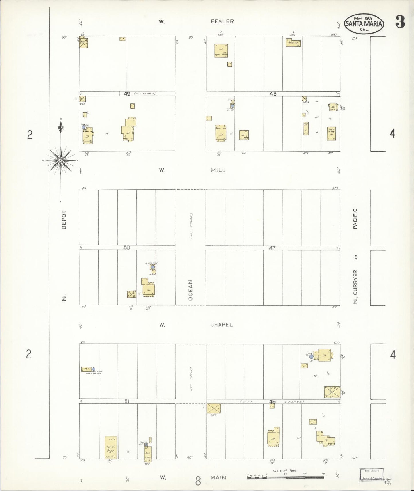 Sanborn Fire Insurance Map from Santa Maria, Santa Barbara County, California (1909), Sheet #0003 - Complete Map Set gallery image, historic Sanborn map, vintage wall art, California California