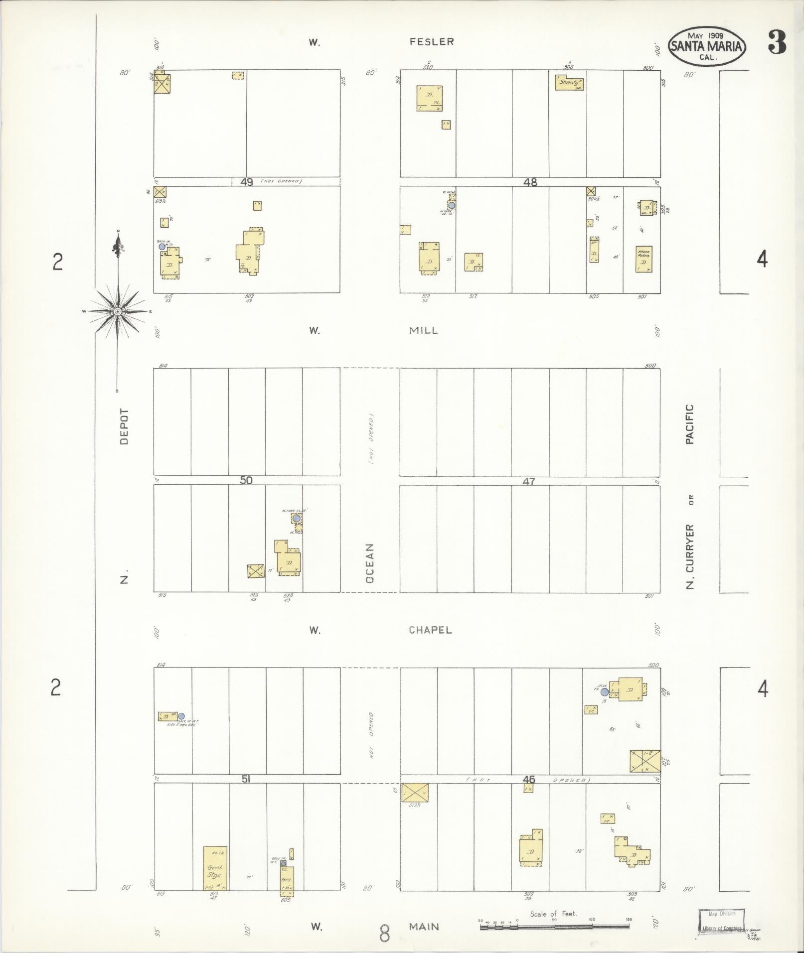 Sanborn Fire Insurance Map from Santa Maria, Santa Barbara County, California (1909), Sheet #0003 - Complete Map Set gallery image, historic Sanborn map, vintage wall art, California California