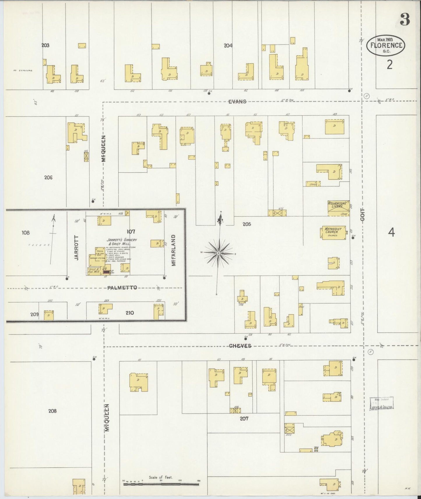 Sanborn Fire Insurance Map from Florence, Florence County, South Carolina (1903), Sheet #0003 - Complete Map Set gallery image, historic Sanborn map, vintage wall art, South Carolina South Carolina