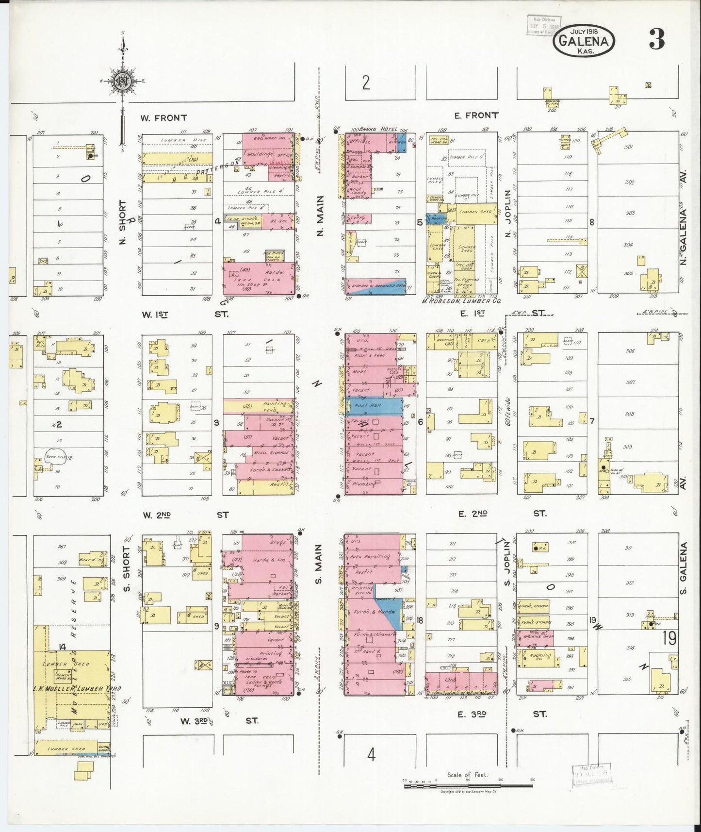 Sanborn Fire Insurance Map from Galena, Cherokee County, Kansas (1918), Sheet #0003 - Historic Sanborn Fire Insurance Map Print, vintage old map wall art, antique decor, genealogy gift, Kansas Kansas map