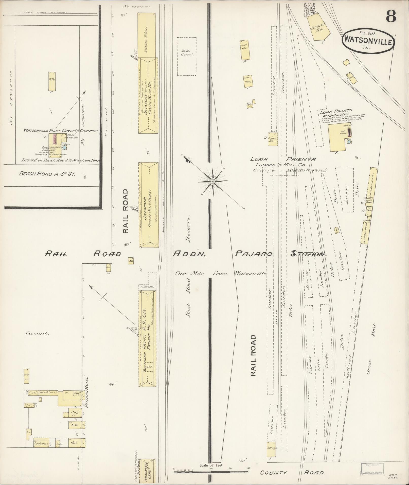 Sanborn Fire Insurance Map from Watsonville, Santa Cruz County, California (1888), Sheet #0008 - Complete Map Set gallery image, historic Sanborn map, vintage wall art, California California