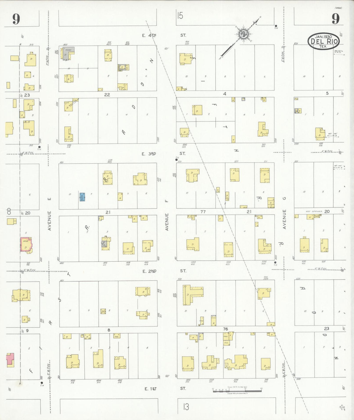 Sanborn Fire Insurance Map from Del Rio, Val Verde County, Texas (1930), Sheet #0009 - Complete Map Set gallery image, historic Sanborn map, vintage wall art, Texas Texas