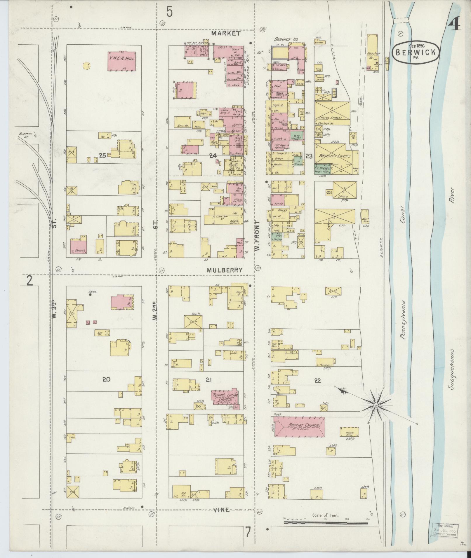 Sanborn Fire Insurance Map from Berwick, Columbia County, Pennsylvania (1896), Sheet #0004 - Historic Sanborn Fire Insurance Map Print, vintage old map wall art, antique decor, genealogy gift, Pennsylvania Pennsylvania map