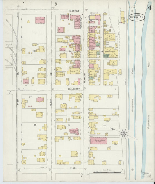 Sanborn Fire Insurance Map from Berwick, Columbia County, Pennsylvania (1896), Sheet #0004 - Historic Sanborn Fire Insurance Map Print, vintage old map wall art, antique decor, genealogy gift, Pennsylvania Pennsylvania map