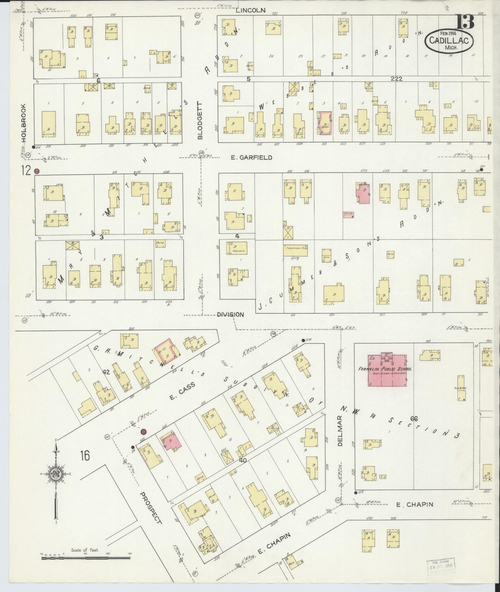 Sanborn Fire Insurance Map from Cadillac, Wexford County, Michigan (1914), Sheet #0013 - Complete Map Set gallery image, historic Sanborn map, vintage wall art, Michigan Michigan