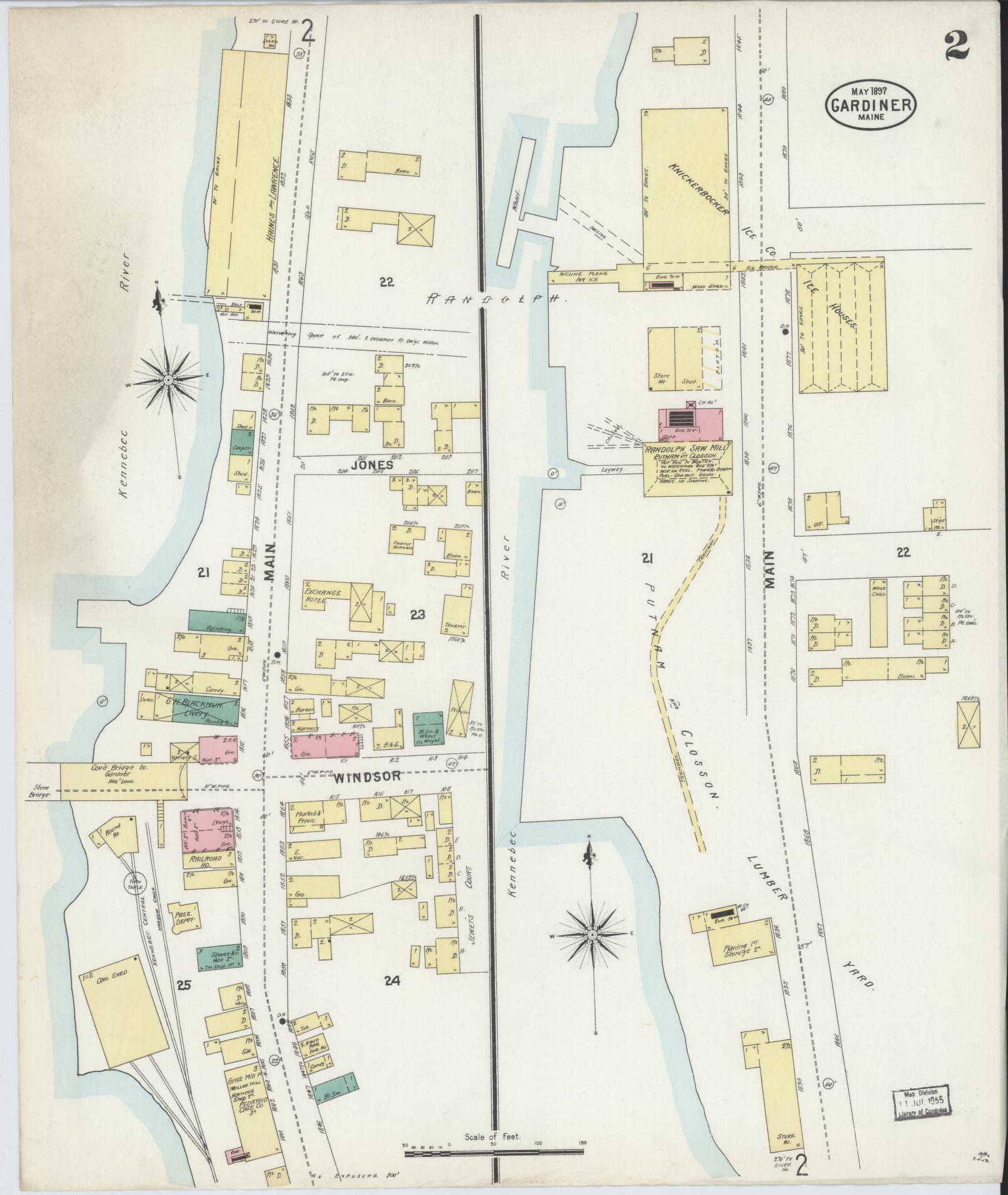 Sanborn Fire Insurance Map from Gardiner, Kennebec County, Maine (1897), Sheet #0002 - Historic Sanborn Fire Insurance Map Print, vintage old map wall art, antique decor, genealogy gift, Maine Maine map