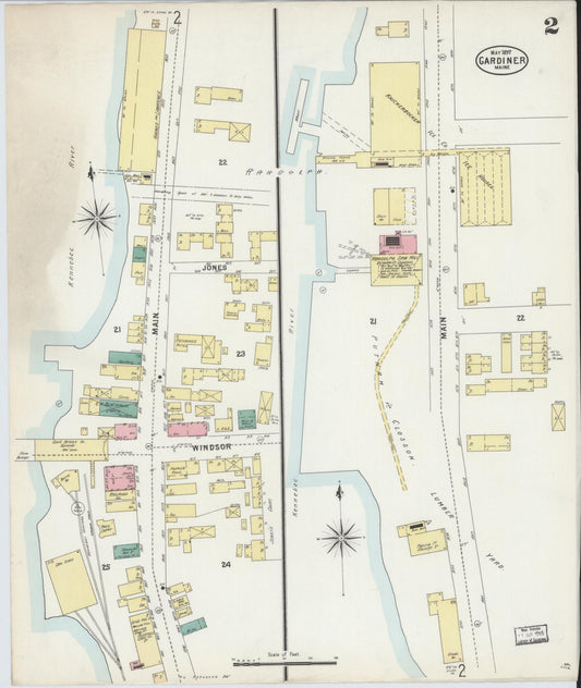 Sanborn Fire Insurance Map from Gardiner, Kennebec County, Maine (1897), Sheet #0002 - Historic Sanborn Fire Insurance Map Print, vintage old map wall art, antique decor, genealogy gift, Maine Maine map