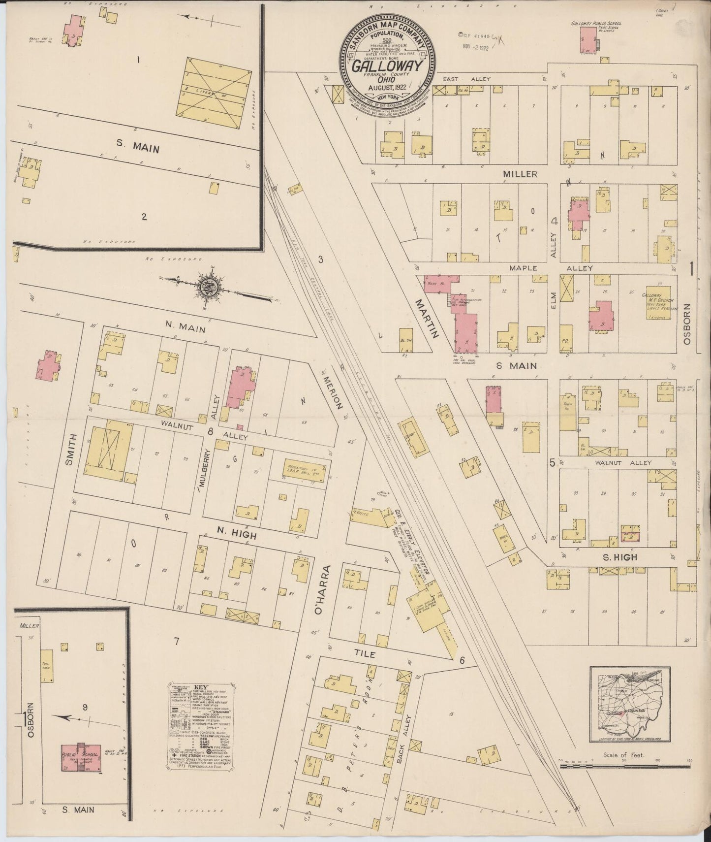Sanborn Fire Insurance Map from Galloway, Franklin County, Ohio (1922), Sheet #0001 - Historic Sanborn Fire Insurance Map Print, vintage old map wall art, antique decor, genealogy gift, Ohio Ohio map