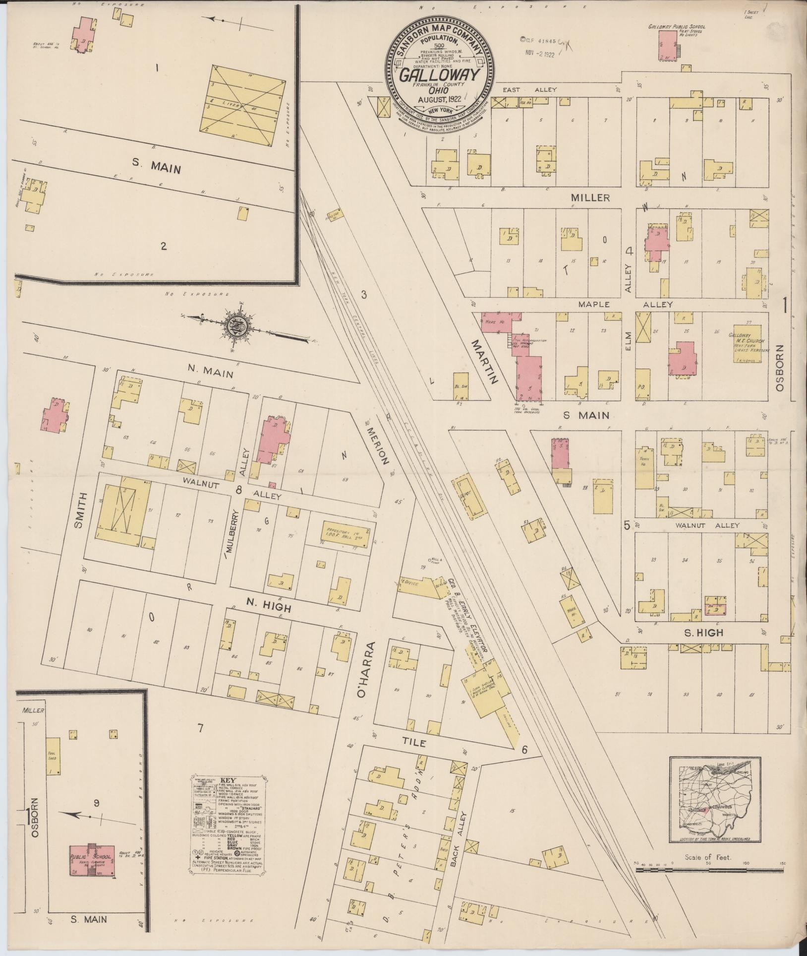 Sanborn Fire Insurance Map from Galloway, Franklin County, Ohio (1922), Sheet #0001 - Historic Sanborn Fire Insurance Map Print, vintage old map wall art, antique decor, genealogy gift, Ohio Ohio map