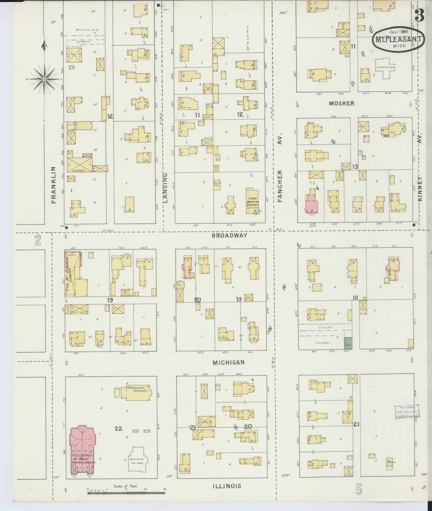 Sanborn Fire Insurance Map from Mount Pleasant, Isabella County, Michigan (1895), Sheet #0003 - Complete Map Set gallery image, historic Sanborn map, vintage wall art, Michigan Michigan